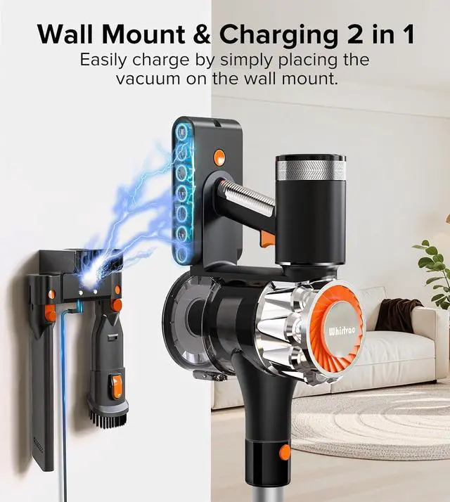 Alt view image 6 of 7 - Cordless Vacuum Cleaner, 90Mins Runtime 550W/45KPA Rechargeable Vacuum Cleaners for Home, Self-standing Stick Vacuum with Wall Mount Charging & Anti-Tangle Brush for Pet Hair, Carpet, Hardwood Floor