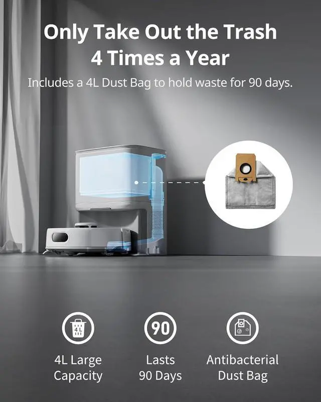 Alt view image 5 of 7 - SwitchBot K10+ Pro Robot Vacuum Self Emptying for 90 Days Hands-Free, Super Quiet Mini Robotic Vacuum with Powerful Suction, Anti-Hair-Tangle, Works with Alexa/Siri/Matter(Hub 2 Required), 2.4Ghz WiFi