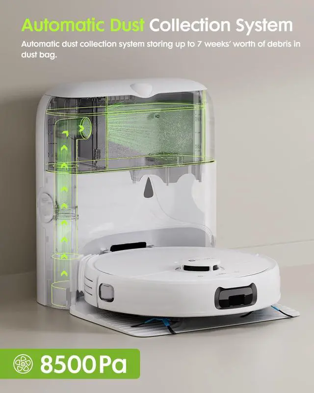 Alt view image 2 of 7 - V5 Robot Vacuum and Mop, Self-Emptying Robotic Vacuum Cleaner, 8500Pa Suction, Pet Hair Tangle Cutter, Laser Navigation, Cat Laser, Carpet Detection, Ideal for Hard Floor, Tile, and Carpet