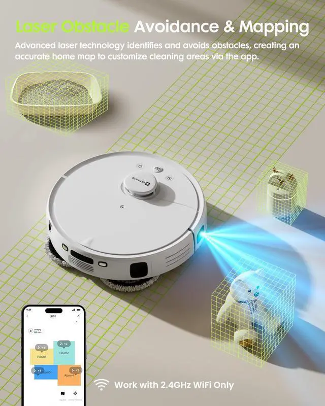Alt view image 4 of 7 - V5 Robot Vacuum and Mop, Self-Emptying Robotic Vacuum Cleaner, 8500Pa Suction, Pet Hair Tangle Cutter, Laser Navigation, Cat Laser, Carpet Detection, Ideal for Hard Floor, Tile, and Carpet