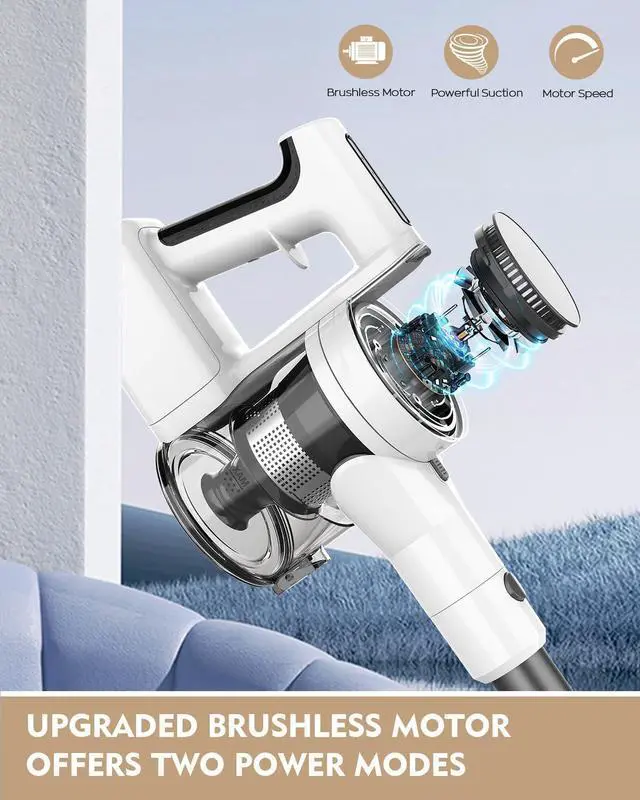 Alt view image 3 of 7 - Cordless Vacuum Cleaner, 80,000 RPM Motor and Power Filtration, Stick Vacuum with 2200 mAh Battery, 35 Mins Worktime, 2 Modes, Rotated Multi-Heads, Height-Adjustable Vacuum for Home (Harbor White)