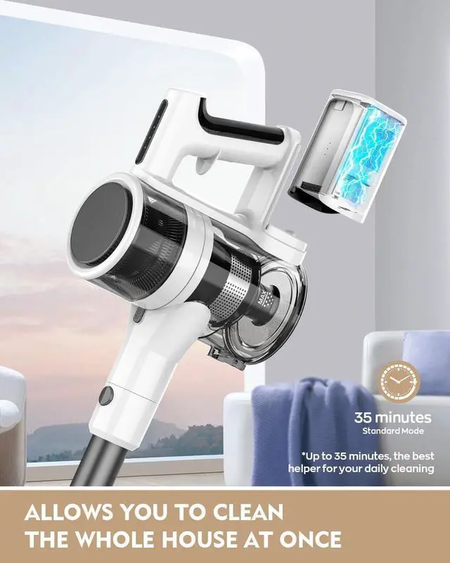 Alt view image 4 of 7 - Cordless Vacuum Cleaner, 80,000 RPM Motor and Power Filtration, Stick Vacuum with 2200 mAh Battery, 35 Mins Worktime, 2 Modes, Rotated Multi-Heads, Height-Adjustable Vacuum for Home (Harbor White)