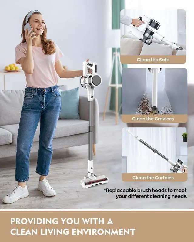 Alt view image 5 of 7 - Cordless Vacuum Cleaner, 80,000 RPM Motor and Power Filtration, Stick Vacuum with 2200 mAh Battery, 35 Mins Worktime, 2 Modes, Rotated Multi-Heads, Height-Adjustable Vacuum for Home (Harbor White)
