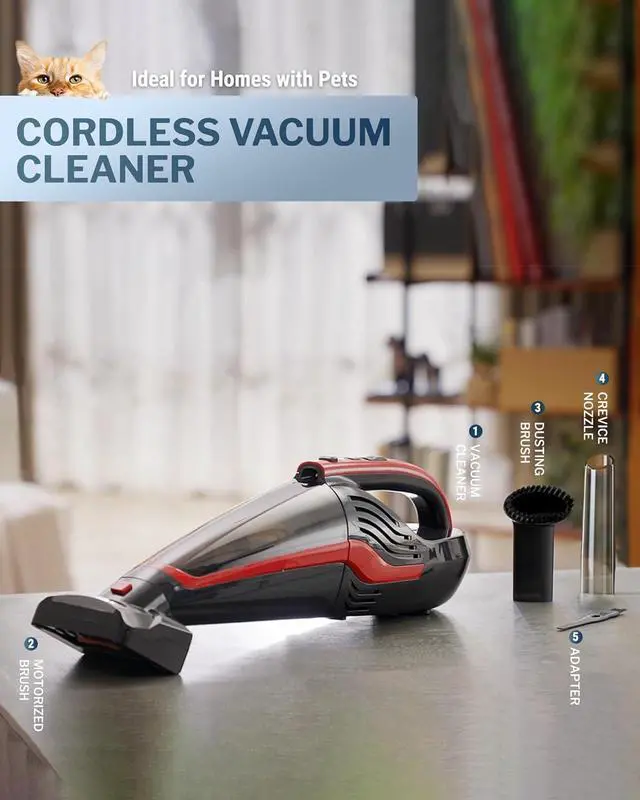 Alt view image 6 of 7 - Pet Hair Handheld Vacuum, Car Vacuum Portable Cordless Rechargeable with Reusable Filter and Motorized Brush for Carpet, Couch & Stairs, Red, 17.4"X 4.6"X 6.6"