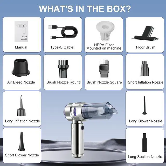 Alt view image 6 of 7 - Car Vacuum Portable Cordless, 21000Pa Strong Suction Handheld Vacuum, 100W Auto Vac for Car Detailing, Home, RV Camping Use with 6000mAh Battery, Type-C Fast Charge & Blower Function