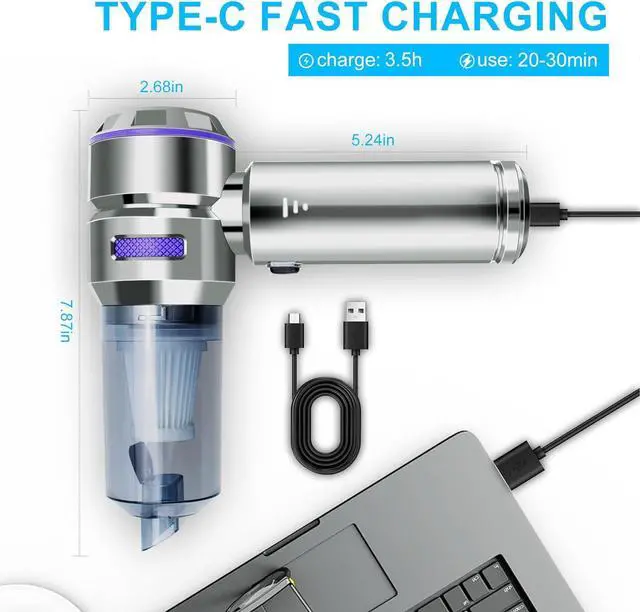 Alt view image 7 of 7 - Car Vacuum Portable Cordless, 21000Pa Strong Suction Handheld Vacuum, 100W Auto Vac for Car Detailing, Home, RV Camping Use with 6000mAh Battery, Type-C Fast Charge & Blower Function