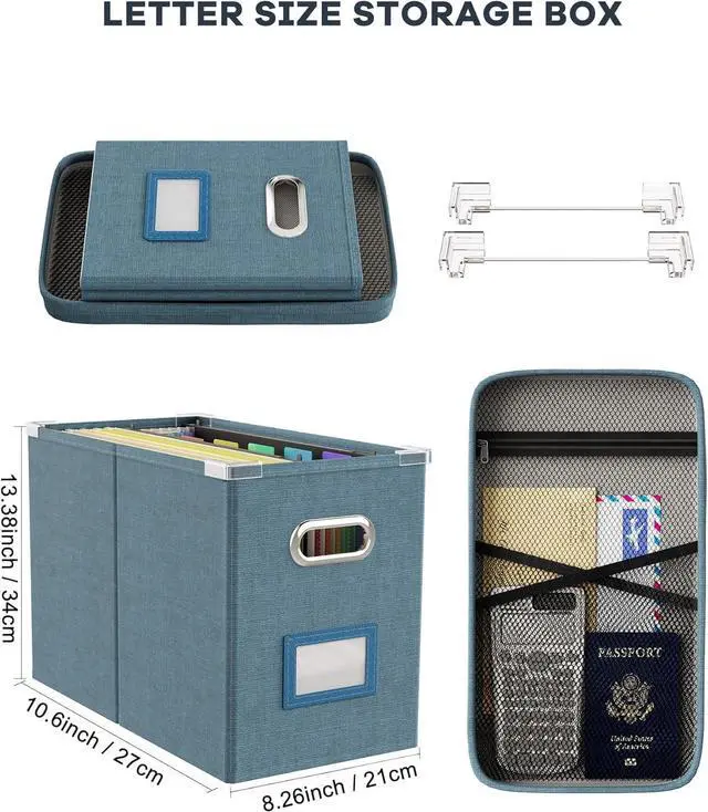 Alt view image 2 of 7 - Oterri File Organizer Box with Lid, Hanging Filing File Box with Mesh Pocket, Document Organizer Box for Letter Files, Portable Storage Box with Smooth Sliding Rail for Office&Home (1 PCS, Dark-blue)