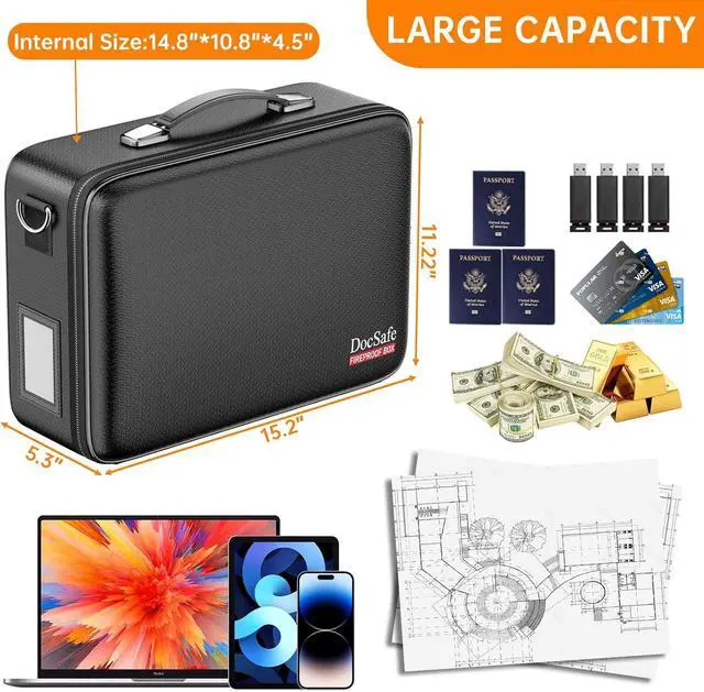 Alt view image 5 of 7 - DocSafe Fireproof Document Box with Lock, Hard Case File Organizer with Accordion File Folder, Fireproof Water Resistant Safe Box Home Office Travel Storage for Important Documents Laptop Black