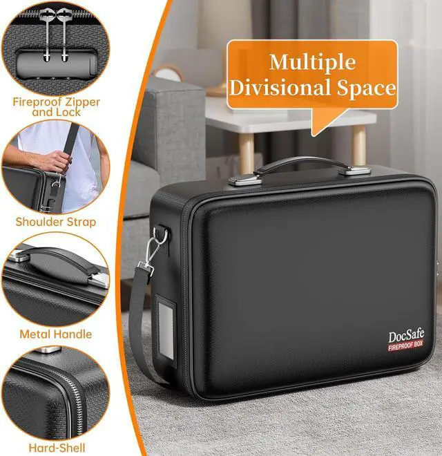 Alt view image 4 of 7 - DocSafe Fireproof Document Box with Lock, Hard Case File Organizer with Accordion File Folder, Fireproof Water Resistant Safe Box Home Office Travel Storage for Important Documents Laptop Black