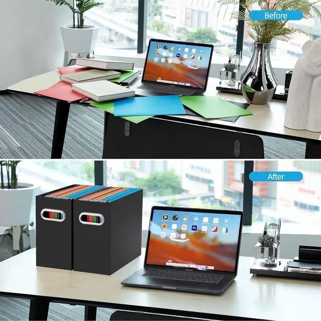 Alt view image 3 of 6 - Oterri File Organizer, 2 Packs Small Storage Box, Cardboard File Folder Organizer, Collapsible File Box for Hanging File Folders Letter Size, Portable Filing Organizer with HandleBlack