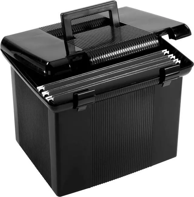 Main image of Pendaflex Portable File Box with File Rails, Simple Document Storage, File Bin for Home and Office, Hinged Lid with Double Latch Closure, Black, 3 Black Letter Size Hanging Folders Included (41742AMZ)