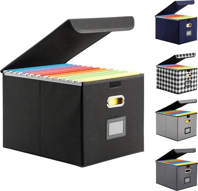 Main image of File Organizer Box, Linen Filing Organizer with Lid, Large Desktop File Boxes, Black