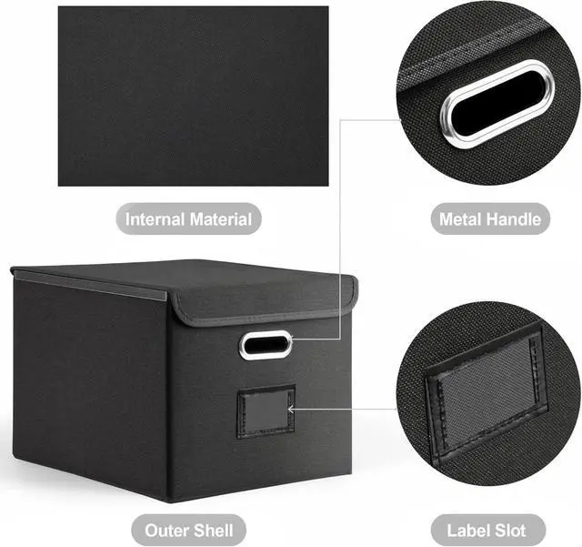 Alt view image 3 of 7 - File Organizer Box, Linen Filing Organizer with Lid, Large Desktop File Boxes, Black