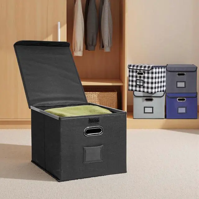 Alt view image 7 of 7 - File Organizer Box, Linen Filing Organizer with Lid, Large Desktop File Boxes, Black