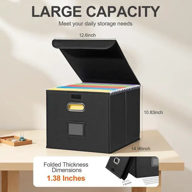 Alt view image 6 of 7 - File Organizer Box, Linen Filing Organizer with Lid, Large Desktop File Boxes, Black