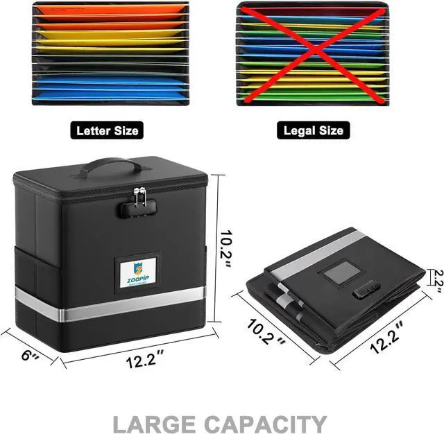 Alt view image 4 of 7 - Fireproof File Box with Lock, Document Box Storage Organizer, Suitable for Hanging File Folders in Letter Size, Collapsible File Box, Reflective Strip for Fast Find (12.2"*6"*10.2, Black)