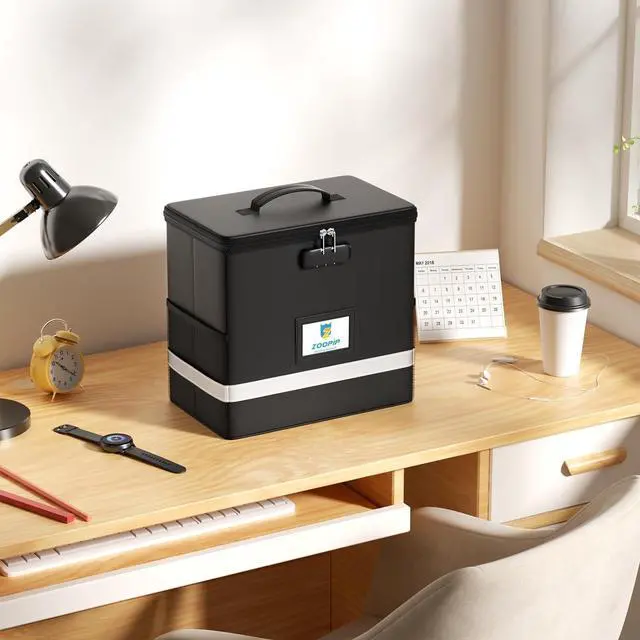 Alt view image 5 of 7 - Fireproof File Box with Lock, Document Box Storage Organizer, Suitable for Hanging File Folders in Letter Size, Collapsible File Box, Reflective Strip for Fast Find (12.2"*6"*10.2, Black)