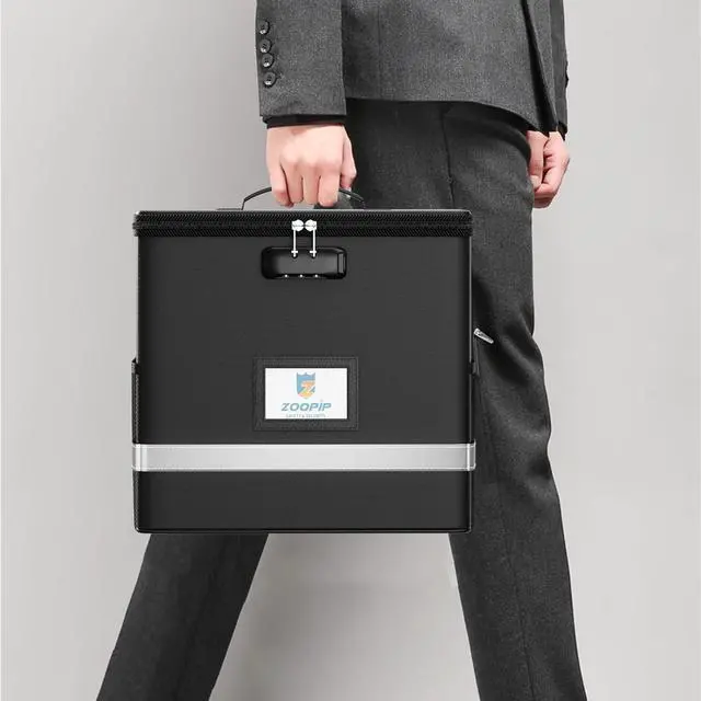 Alt view image 7 of 7 - Fireproof File Box with Lock, Document Box Storage Organizer, Suitable for Hanging File Folders in Letter Size, Collapsible File Box, Reflective Strip for Fast Find (12.2"*6"*10.2, Black)