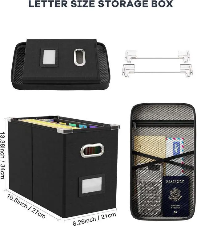 Alt view image 2 of 7 - Oterri File Organizer Box with Lid, Hanging Filing File Box with Mesh Pocket, Document Organizer Box for Letter Files, Portable Storage Box with Smooth Sliding Rail for Office&Home (1 PCS, Black)