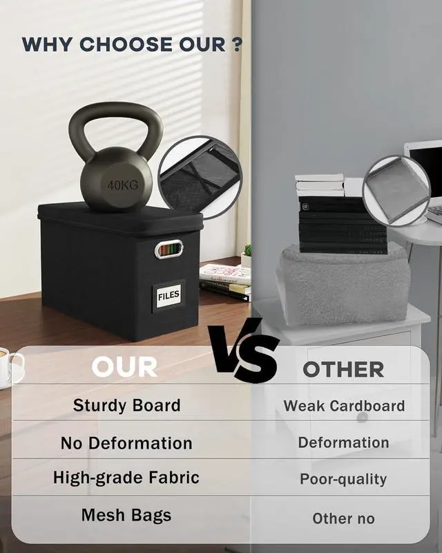 Alt view image 3 of 7 - Oterri File Organizer Box with Lid, Hanging Filing File Box with Mesh Pocket, Document Organizer Box for Letter Files, Portable Storage Box with Smooth Sliding Rail for Office&Home (1 PCS, Black)