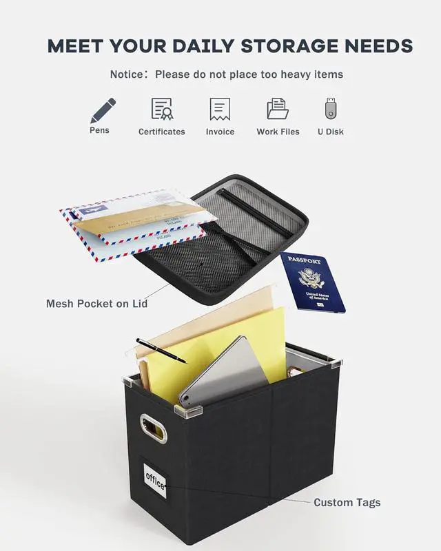 Alt view image 4 of 7 - Oterri File Organizer Box with Lid, Hanging Filing File Box with Mesh Pocket, Document Organizer Box for Letter Files, Portable Storage Box with Smooth Sliding Rail for Office&Home (1 PCS, Black)