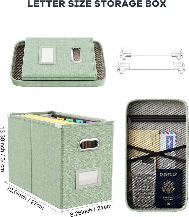 Alt view image 2 of 7 - Oterri File Organizer Box with Lid, Hanging Filing File Box with Mesh Pocket, Document Organizer Box for Letter Files, Portable Storage Box(1 PCS, Green)