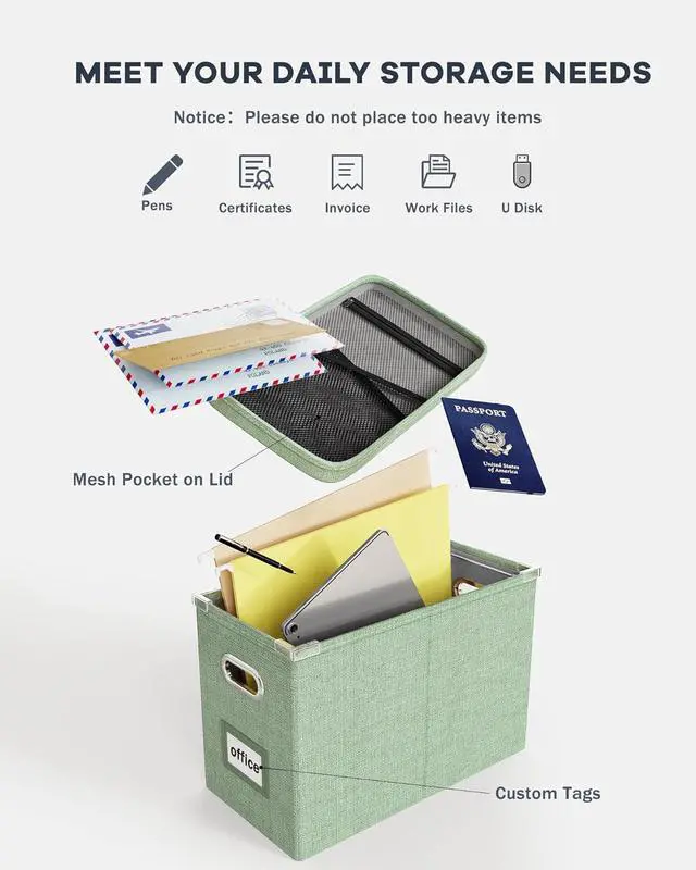 Alt view image 4 of 7 - Oterri File Organizer Box with Lid, Hanging Filing File Box with Mesh Pocket, Document Organizer Box for Letter Files, Portable Storage Box(1 PCS, Green)