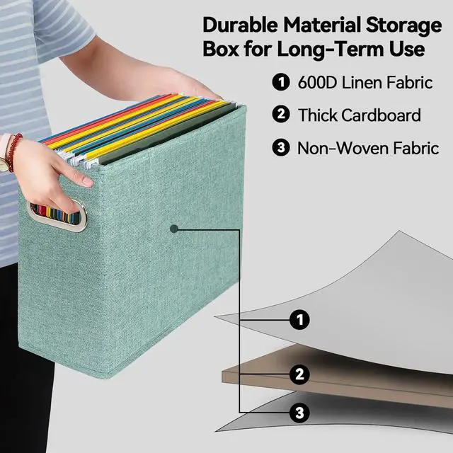 Alt view image 3 of 6 - 4 Packs Letter Size File Organizer, File Folders Organizer, Fabric Storage Box, Collapsible Paper Organizer with Metal Handle, Smooth PVC Rails, Only Box (Green)