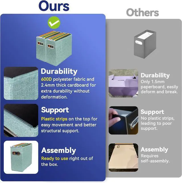 Alt view image 5 of 6 - 4 Packs Letter Size File Organizer, File Folders Organizer, Fabric Storage Box, Collapsible Paper Organizer with Metal Handle, Smooth PVC Rails, Only Box (Green)