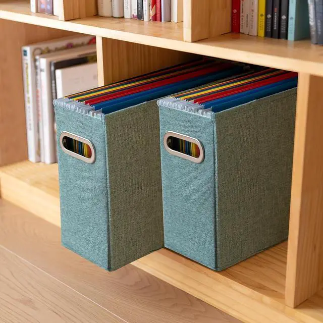 Alt view image 6 of 6 - 4 Packs Letter Size File Organizer, File Folders Organizer, Fabric Storage Box, Collapsible Paper Organizer with Metal Handle, Smooth PVC Rails, Only Box (Green)