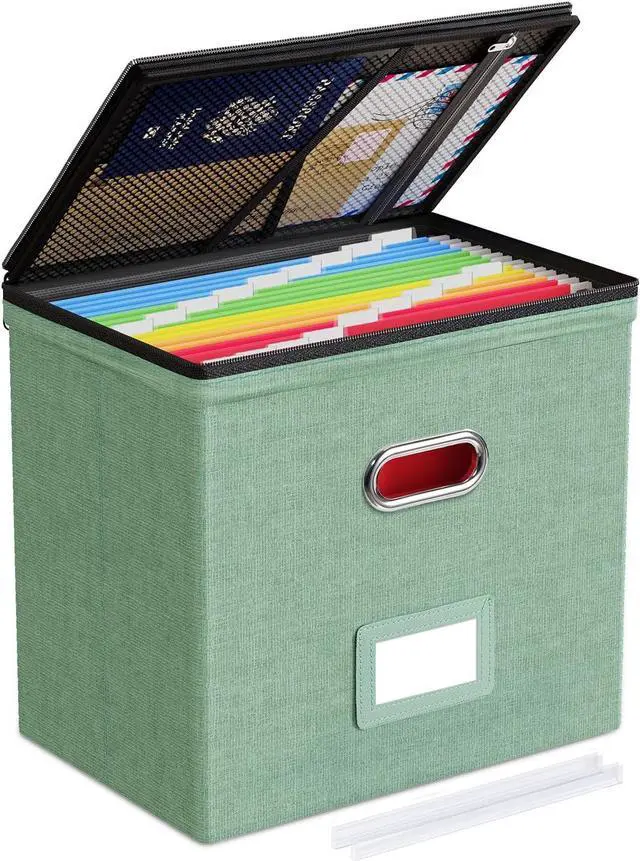 Main image of Oterri 1 Pack File Organizer Boxes with Lids, File Box with Mesh Pockets, Document Organizer Box for File Folders Letter Size, Zippers Filing Box for Home, Office, School (Green, Without Folders)