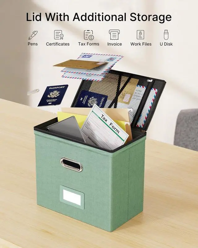 Alt view image 2 of 7 - Oterri 2 Pack File Organizer Boxes with Lids, File Box with Mesh Pockets, Document Organizer Box for File Folders Letter Size, Zippers Filing Box for Home, Office, School (Green, Without Folders)