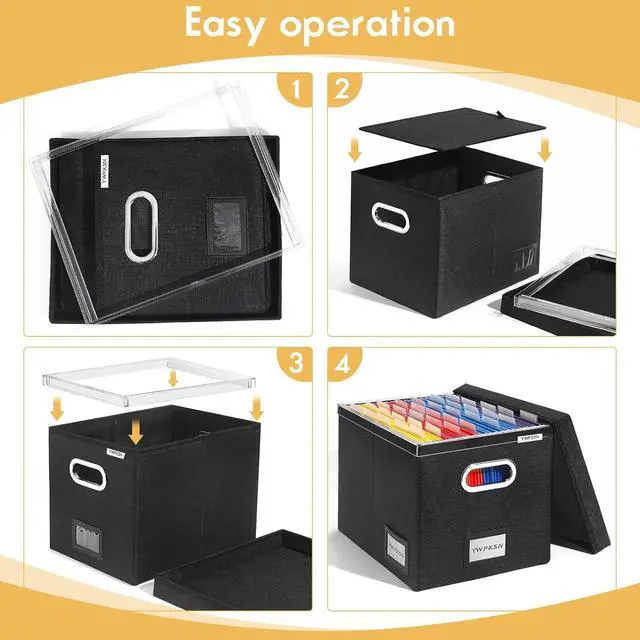 Alt view image 3 of 7 - File Organizer Box with Lid - Hanging File Box with One-Piece Plastic Frame - Collapsible Decorative Document Storage Bins for Office Home (Black, 13.2x10.1x10.1in(2Pack))