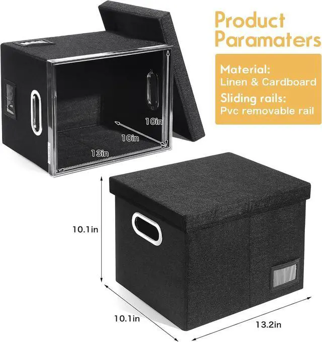 Alt view image 5 of 7 - File Organizer Box with Lid - Hanging File Box with One-Piece Plastic Frame - Collapsible Decorative Document Storage Bins for Office Home (Black, 13.2x10.1x10.1in(2Pack))