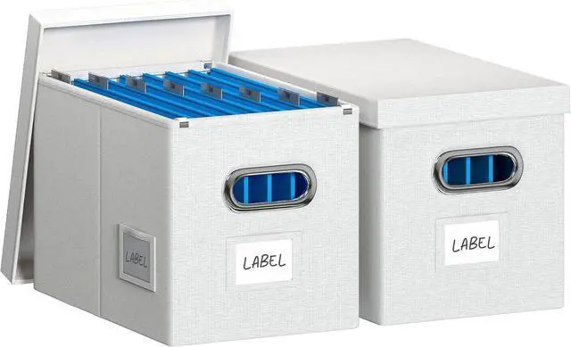 Main image of Hanging File Box with Lid, Set of 2 Filing Organizer Storage Box, Linen Collapsible Decorative Office/Home File Cabinet (14x9.3x10.9 inch) (White)