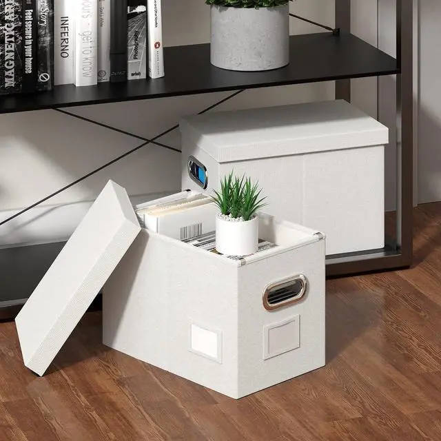 Alt view image 3 of 6 - Hanging File Box with Lid, Set of 2 Filing Organizer Storage Box, Linen Collapsible Decorative Office/Home File Cabinet (14x9.3x10.9 inch) (White)