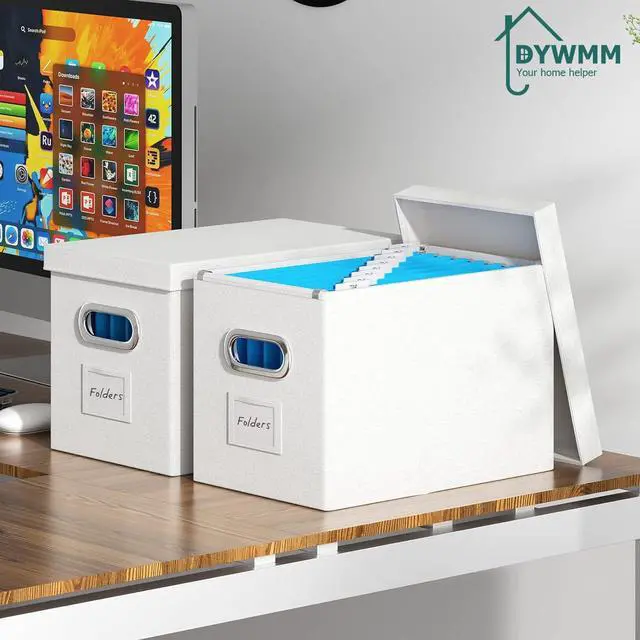 Alt view image 4 of 6 - Hanging File Box with Lid, Set of 2 Filing Organizer Storage Box, Linen Collapsible Decorative Office/Home File Cabinet (14x9.3x10.9 inch) (White)