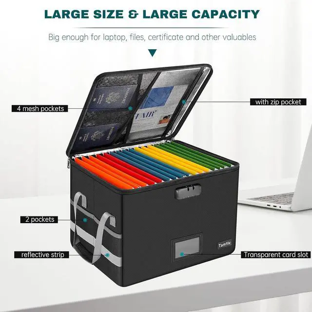 Alt view image 6 of 7 - Large File Box with lock, Fireproof File Box for Documents, 5200°F Fire Resistant File Storage Box, Filling Cabinet with Handle for Hanging Letter/Legal Folder, Collapsible Filing Box for Home Office
