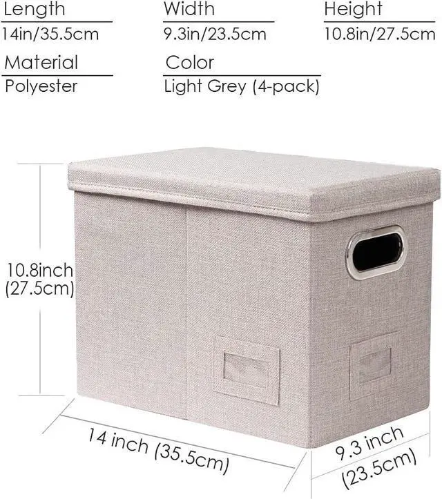 Alt view image 7 of 7 - PRANDOM File Organizer Box - Set of 4 Collapsible Decorative Linen Filing Storage Hanging File Folders with Lids Office Cabinet Letter Size Light Grey (14x9.3x10.8 inch)