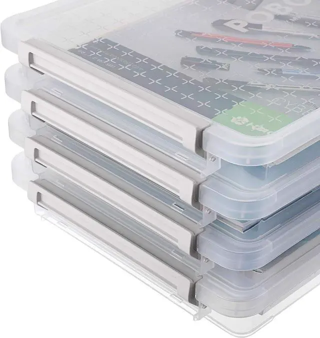 Alt view image 4 of 7 - BTSKY 4 Pack A4 Plus Clear Plastic Stackable Storage Box Desk Paper Magazine Container with Buckle, Office Supplies Accessories File Protector Case Organizer, Portable Project Case Document Holders