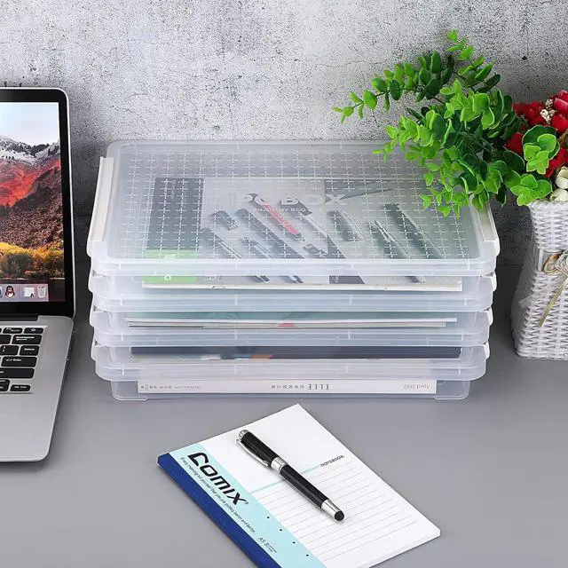 Alt view image 5 of 7 - BTSKY 4 Pack A4 Plus Clear Plastic Stackable Storage Box Desk Paper Magazine Container with Buckle, Office Supplies Accessories File Protector Case Organizer, Portable Project Case Document Holders