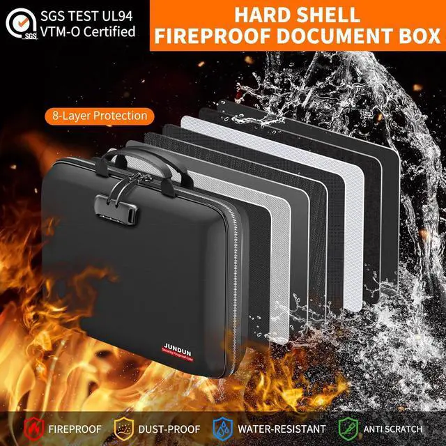 Alt view image 2 of 7 - JUNDUN Fireproof Document Box with Lock & Shoulder Strap,Hard Shell Case Document Organizer with 13 Pockets Accordion File Organizer,Portable Home Office Travel Safe Storage for Files Laptop and More