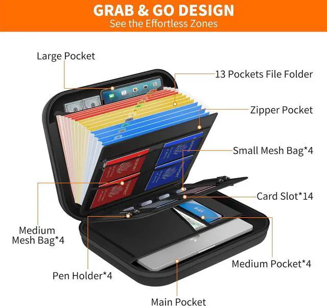 Alt view image 3 of 7 - JUNDUN Fireproof Document Box with Lock & Shoulder Strap,Hard Shell Case Document Organizer with 13 Pockets Accordion File Organizer,Portable Home Office Travel Safe Storage for Files Laptop and More