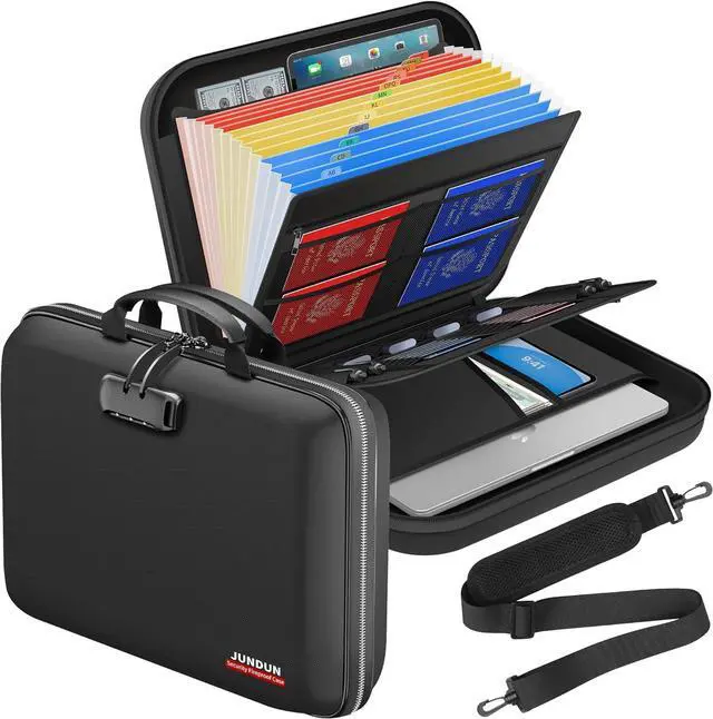 Main image of JUNDUN Fireproof Document Box with Lock & Shoulder Strap,Hard Shell Case Document Organizer with 13 Pockets Accordion File Organizer,Portable Home Office Travel Safe Storage for Files Laptop and More