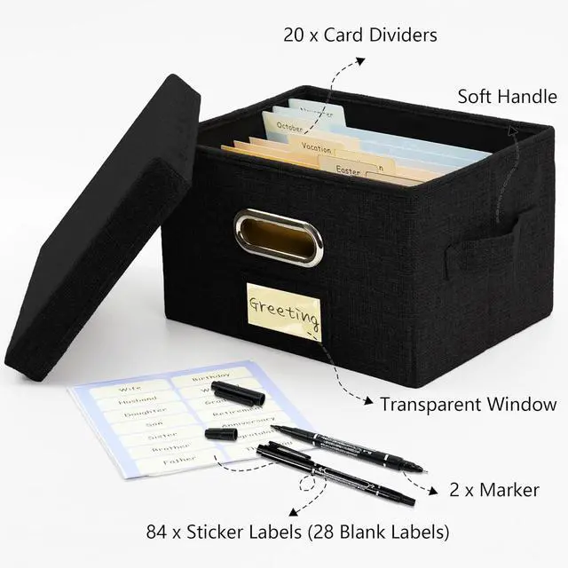 Alt view image 3 of 7 - Greeting Card Organizer and Storage Box with 20 Pcs Adjustable Dividers, Storing Cards with 84 Pcs Labels Perfect for Storing Greeting Cards, Envelopes, Photos 1 Pack Black