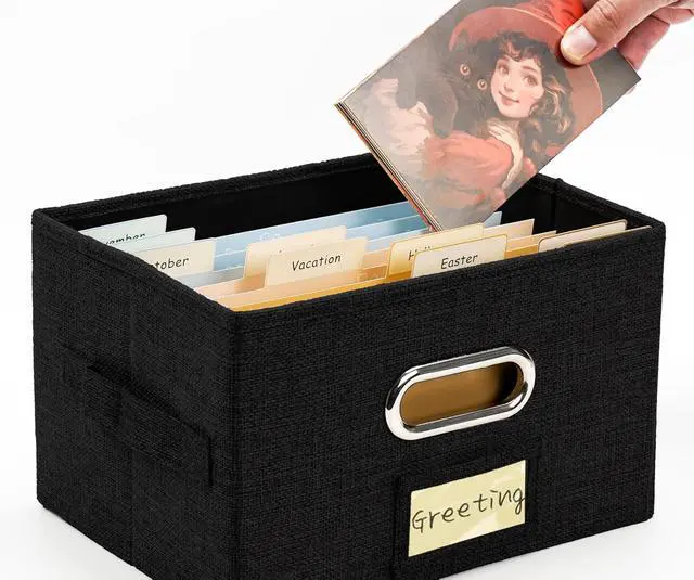 Alt view image 5 of 7 - Greeting Card Organizer and Storage Box with 20 Pcs Adjustable Dividers, Storing Cards with 84 Pcs Labels Perfect for Storing Greeting Cards, Envelopes, Photos 1 Pack Black