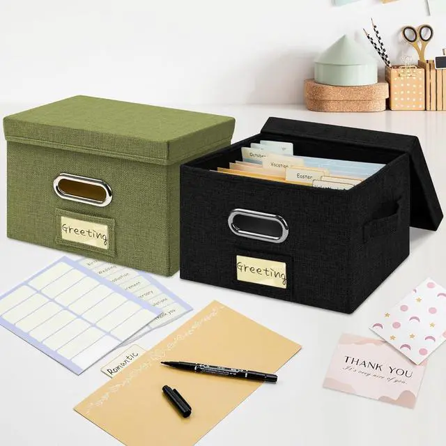 Alt view image 7 of 7 - Greeting Card Organizer and Storage Box with 20 Pcs Adjustable Dividers, Storing Cards with 84 Pcs Labels Perfect for Storing Greeting Cards, Envelopes, Photos 1 Pack Black