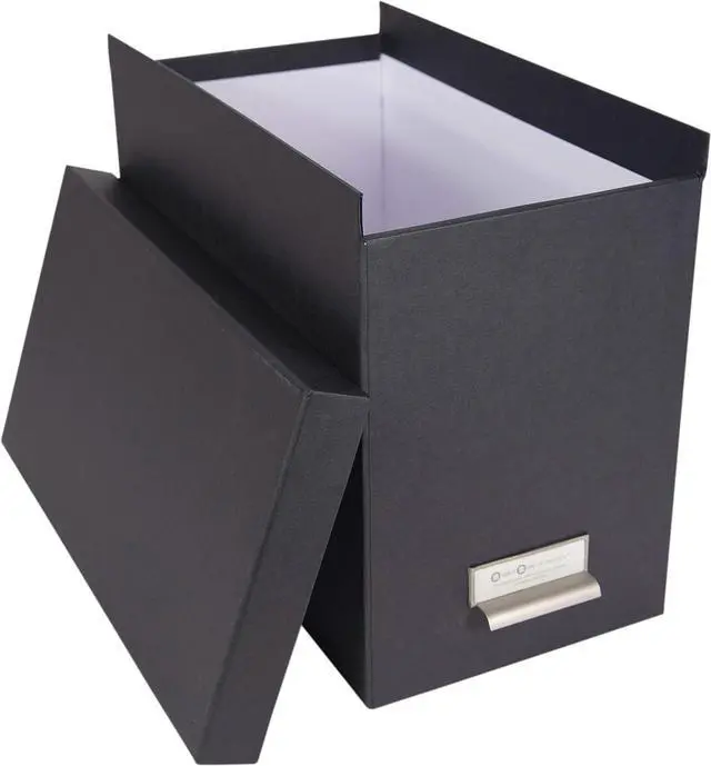 Alt view image 3 of 6 - Bigso John Fiberboard Label Frame Desktop File Storage Box - Document Organizer for Important Paperwork - Durable Hanging File Box with Lid & Metal Label Window - 7.4 in x 13 in x 10.4 in - Dark Grey