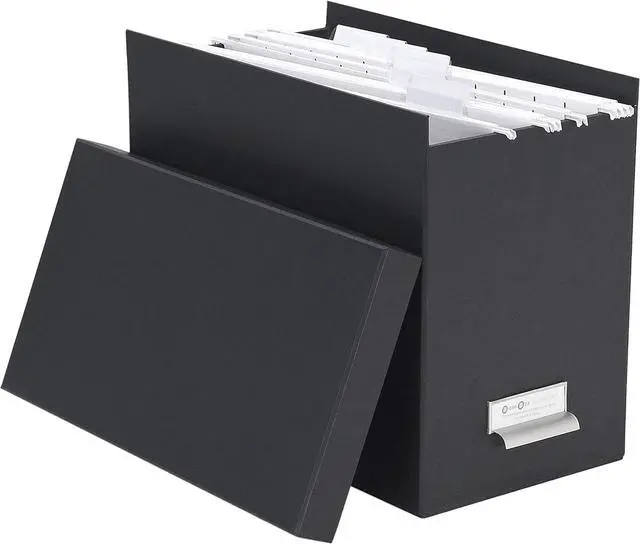 Alt view image 4 of 6 - Bigso John Fiberboard Label Frame Desktop File Storage Box - Document Organizer for Important Paperwork - Durable Hanging File Box with Lid & Metal Label Window - 7.4 in x 13 in x 10.4 in - Dark Grey