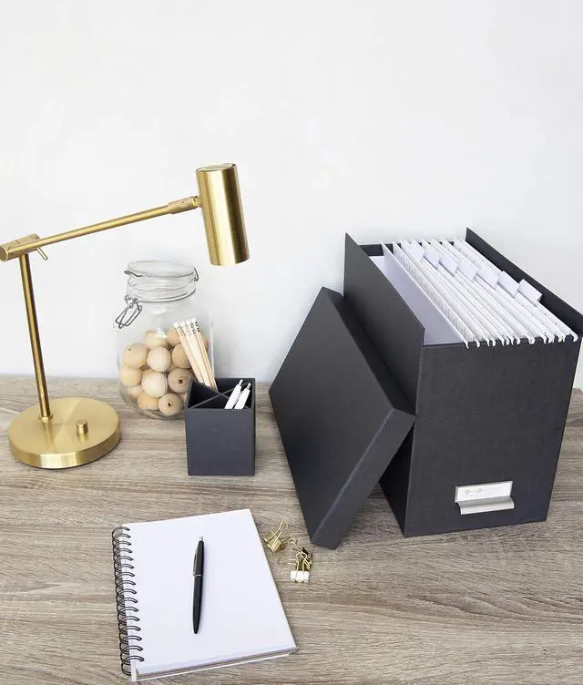 Alt view image 6 of 6 - Bigso John Fiberboard Label Frame Desktop File Storage Box - Document Organizer for Important Paperwork - Durable Hanging File Box with Lid & Metal Label Window - 7.4 in x 13 in x 10.4 in - Dark Grey